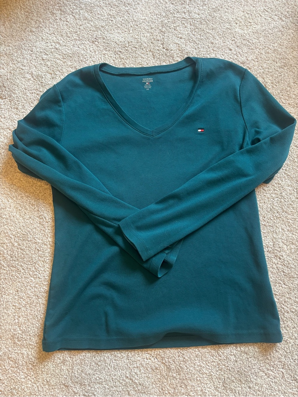 Tommy Hilfiger Teal V-Neck Long Sleeve Top Large